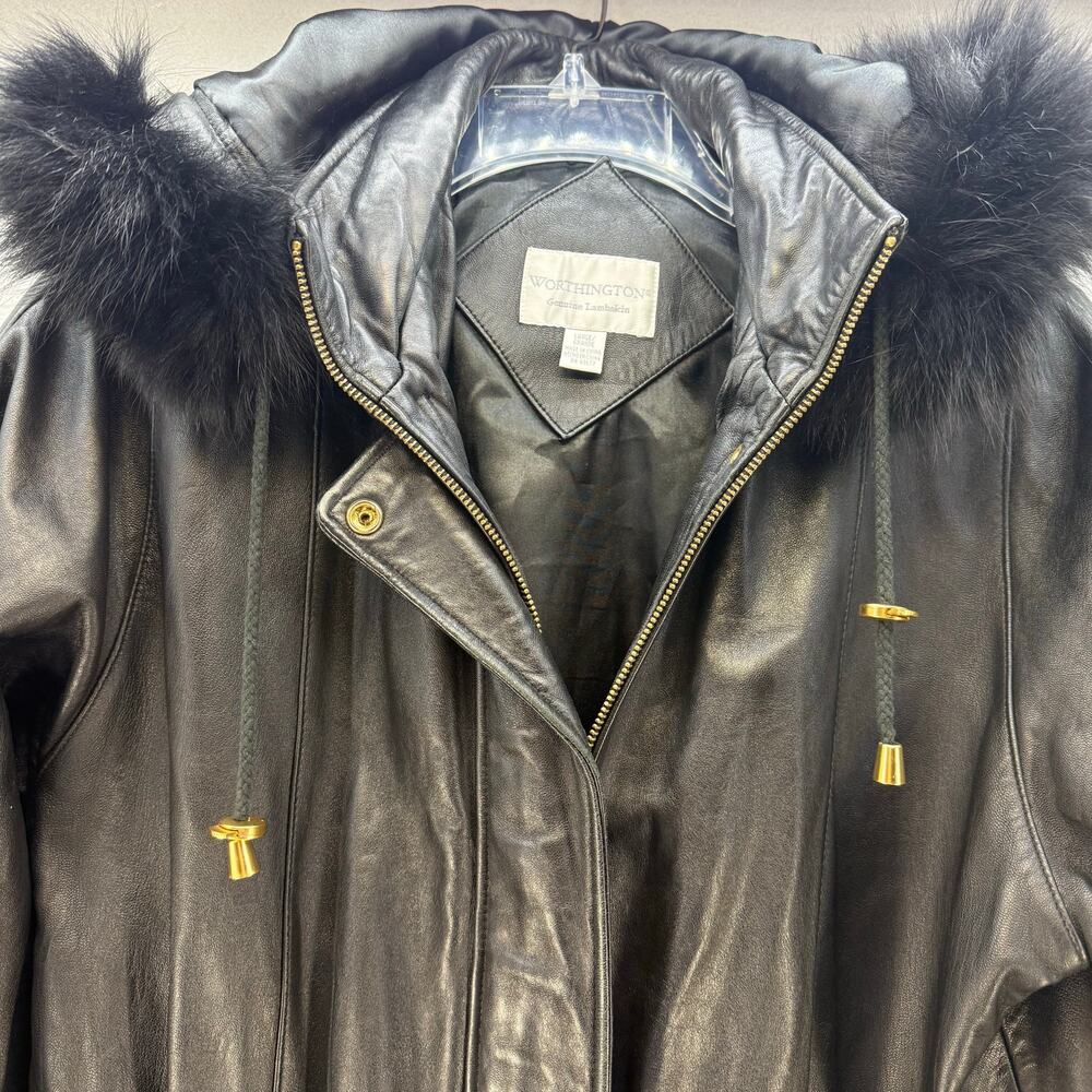 Worthington Leather Parka Women's L Black Lamb Skin Dyed Fox Fur Trim Hood EUC - Picture 3 of 14